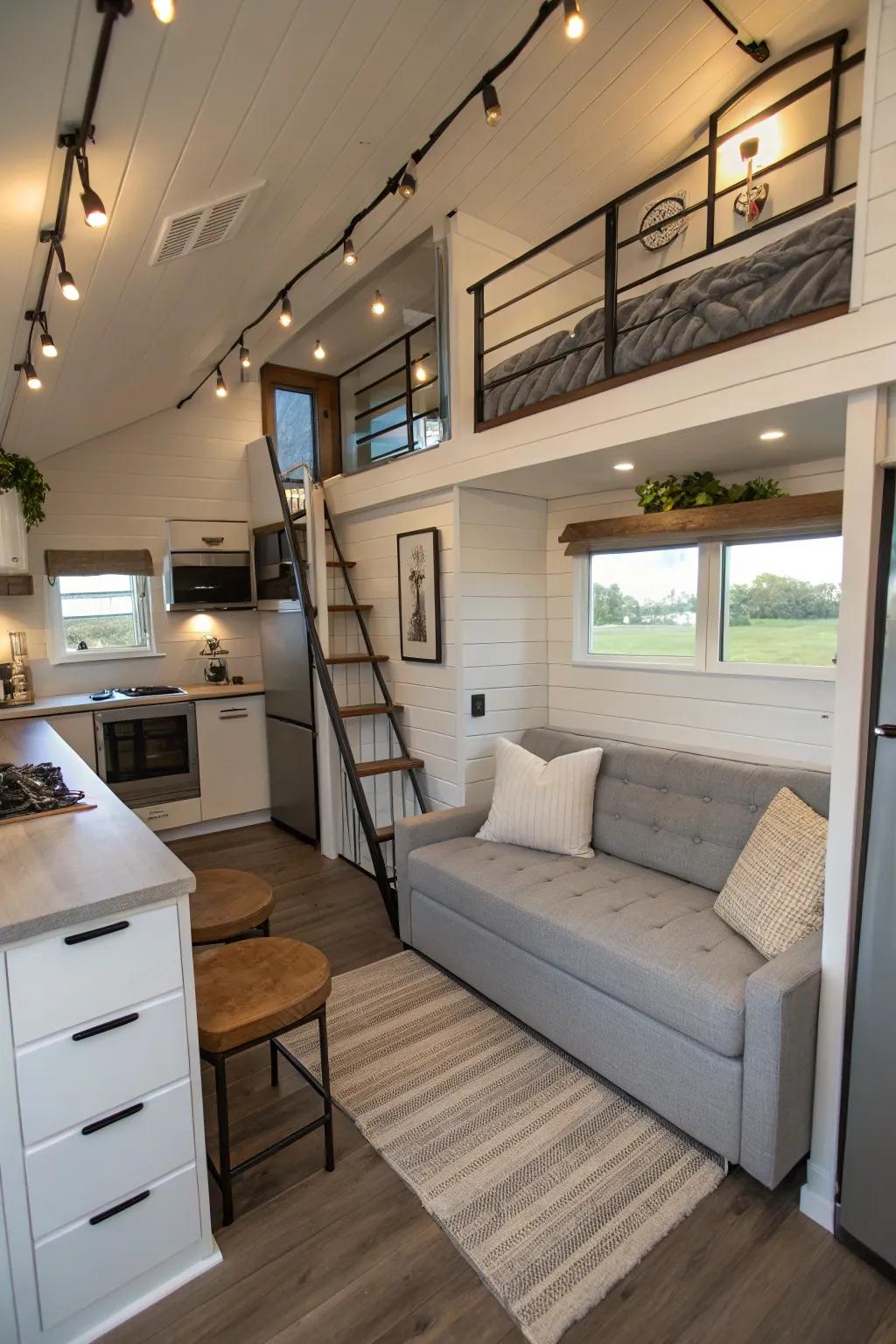 An adaptable couch bed amplifies the living space in a tiny house.