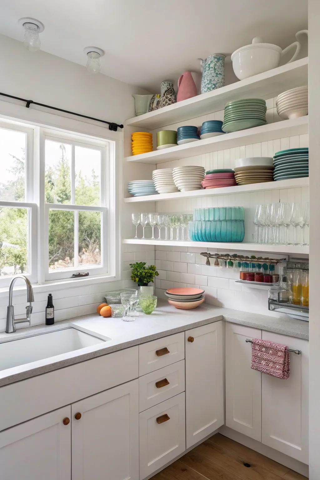 Display shelving adds a touch of openness and flair to a small kitchen.