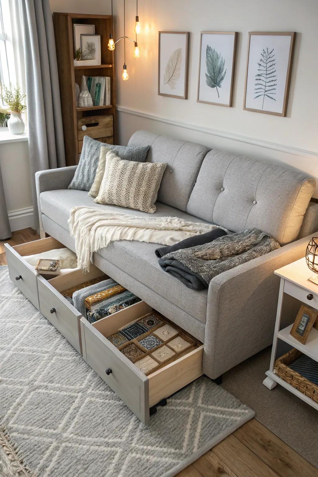 A multipurpose divan bed featuring concealed storage in a tiny house living space