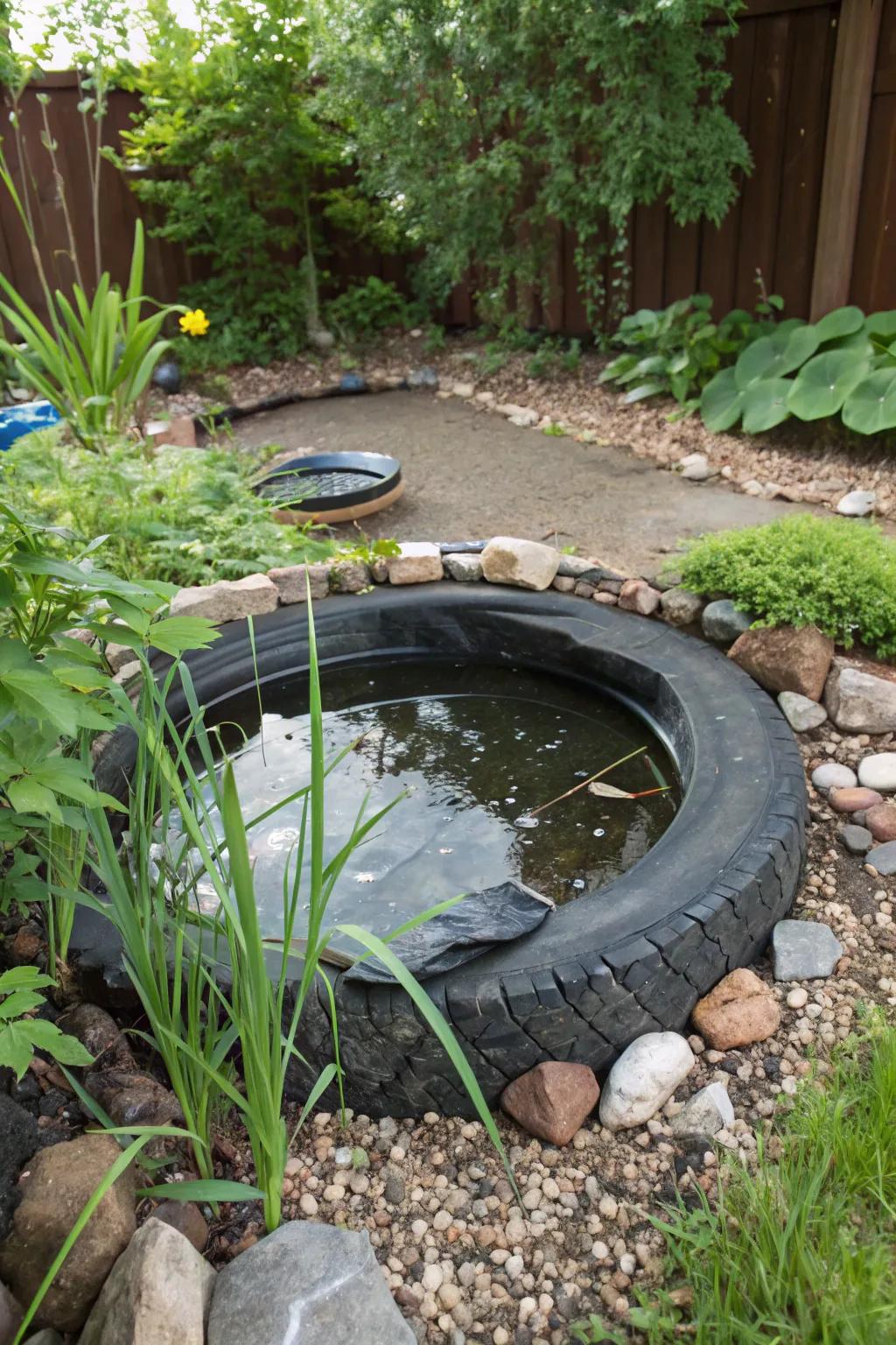 A straightforward yet classy tire pond featuring a plastic liner.