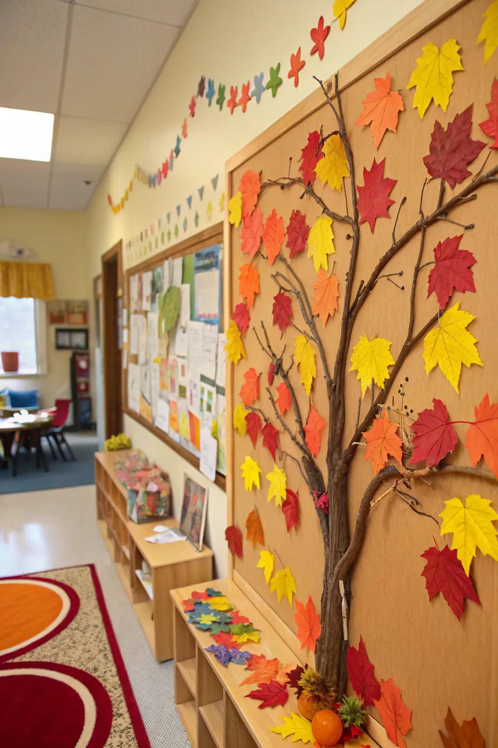 A board adorned with autumn themes, showcasing paper leaves in a spectrum of colors.