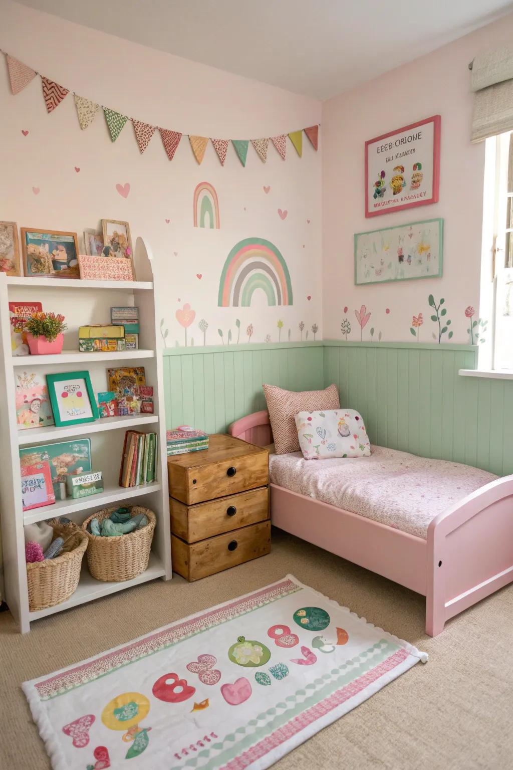 A delicate-themed toddler girl's room with gentle accents.