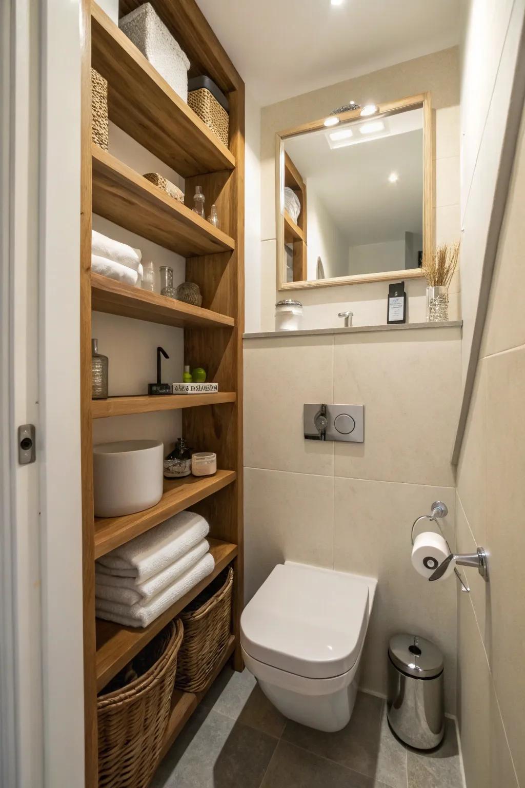 Effective utilization of space through built-in shelves within a compact restroom.