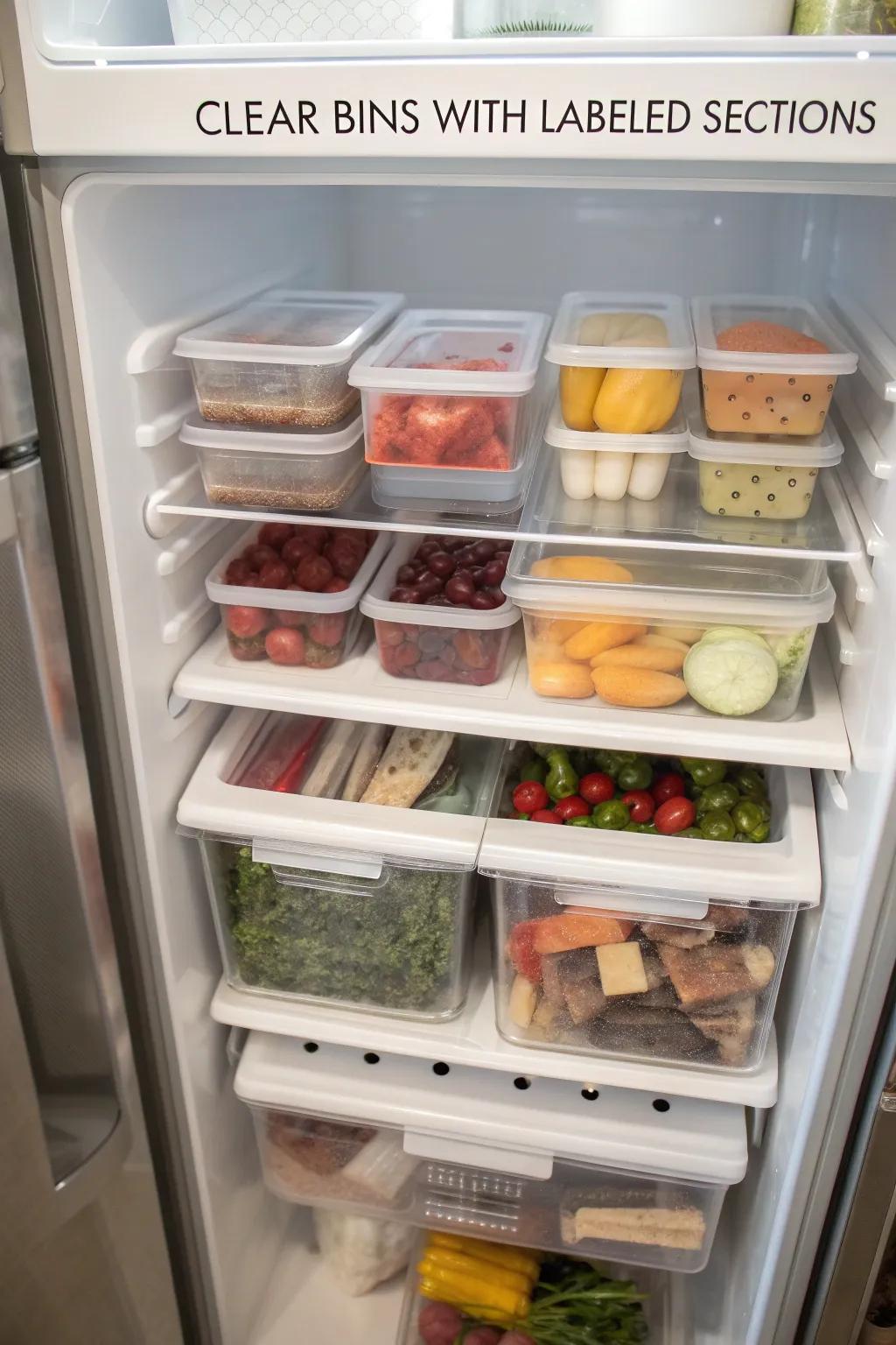 Transparent bins, clearly marked, efficiently arranging a variety of food items within a top freezer.