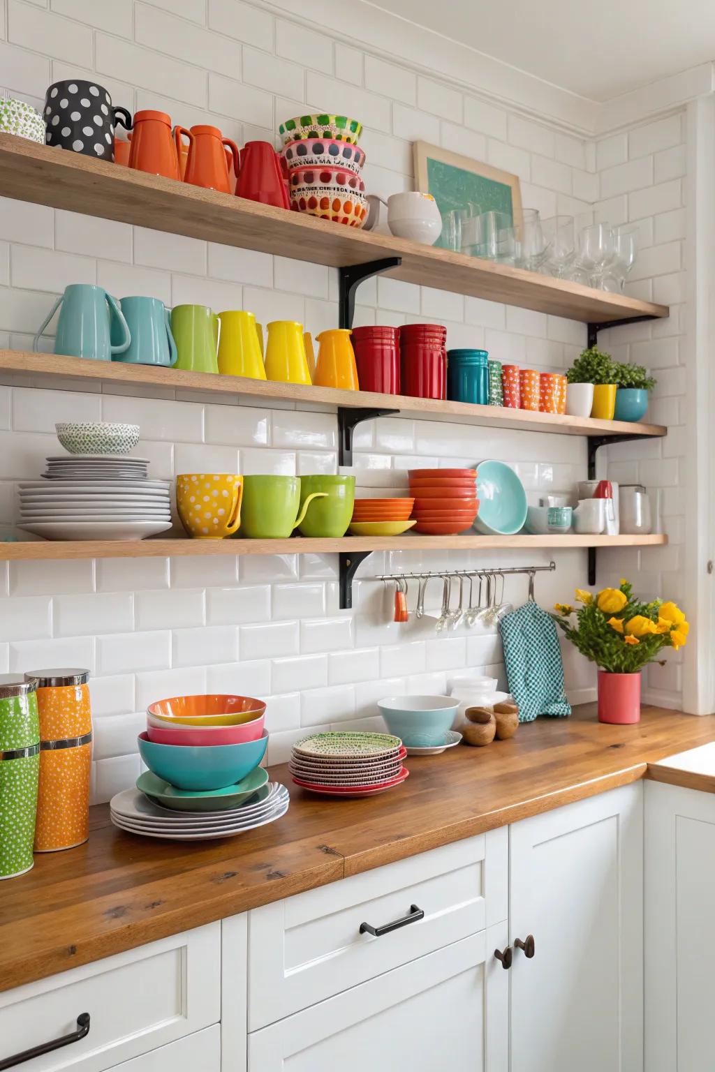 Open shelving provides a personal touch while keeping kitchen necessities within easy reach.