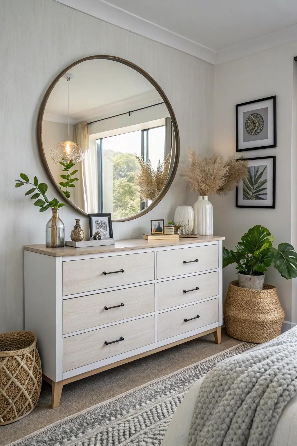 A round mirror brings both depth and a touch of grace to a dresser setting.