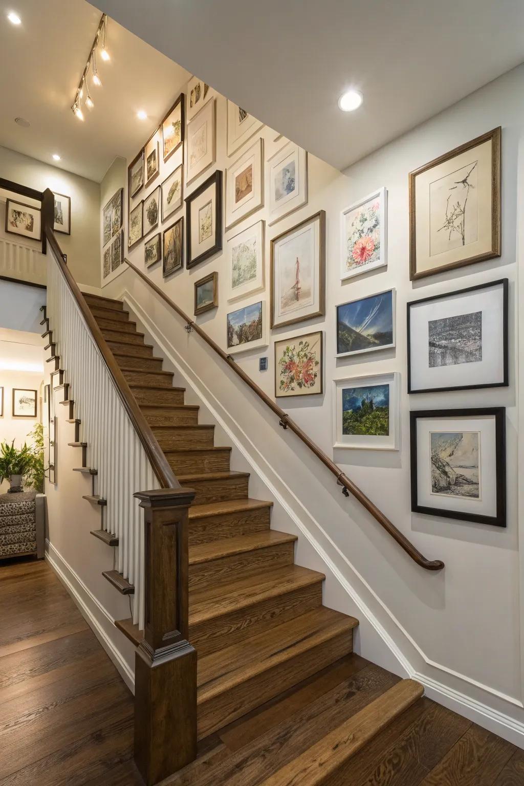 A gallery wall enriches the summit of your staircase with character.
