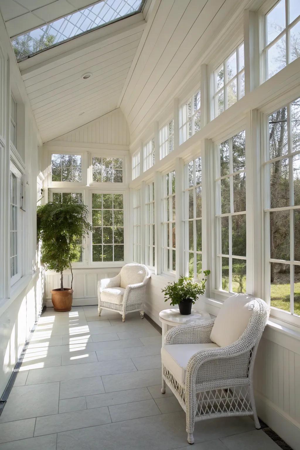 A sunroom painted in classic ivory, enhancing natural light and fostering a pristine, open ambiance.