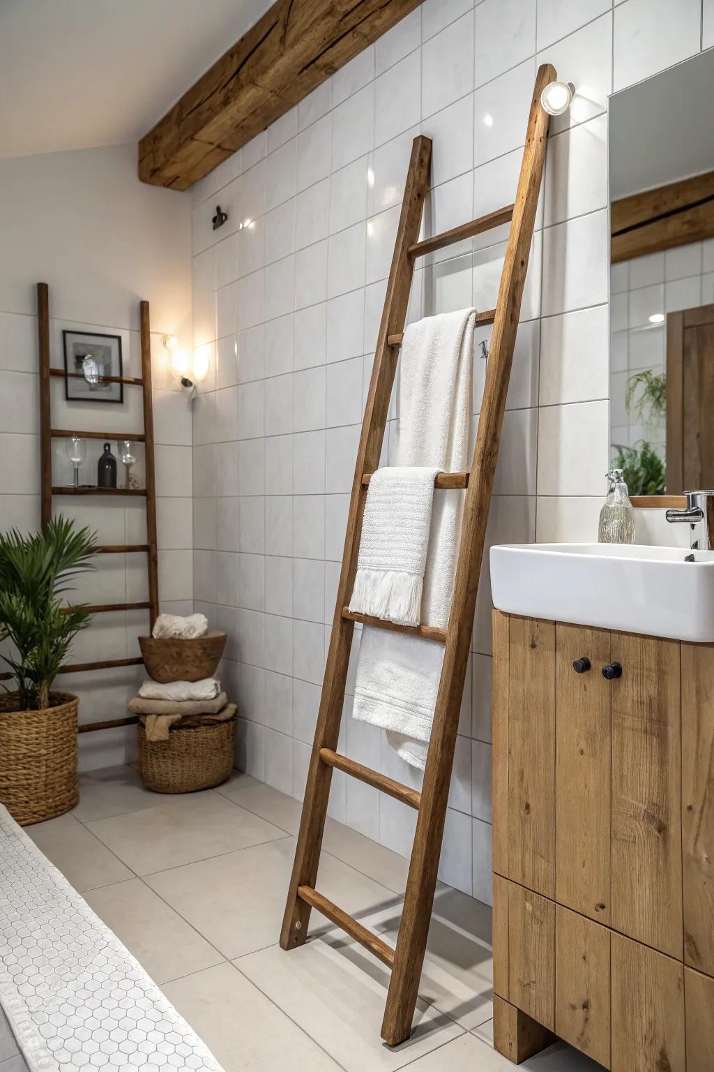 An inclined ladder rack is a stylish way to display towels, adding to a rustic-themed space.