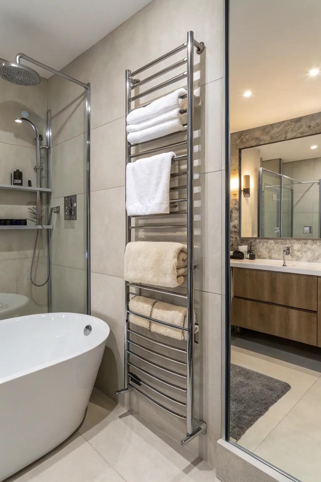 Wall-mounted racks offer a streamlined way to store towels in small spaces.