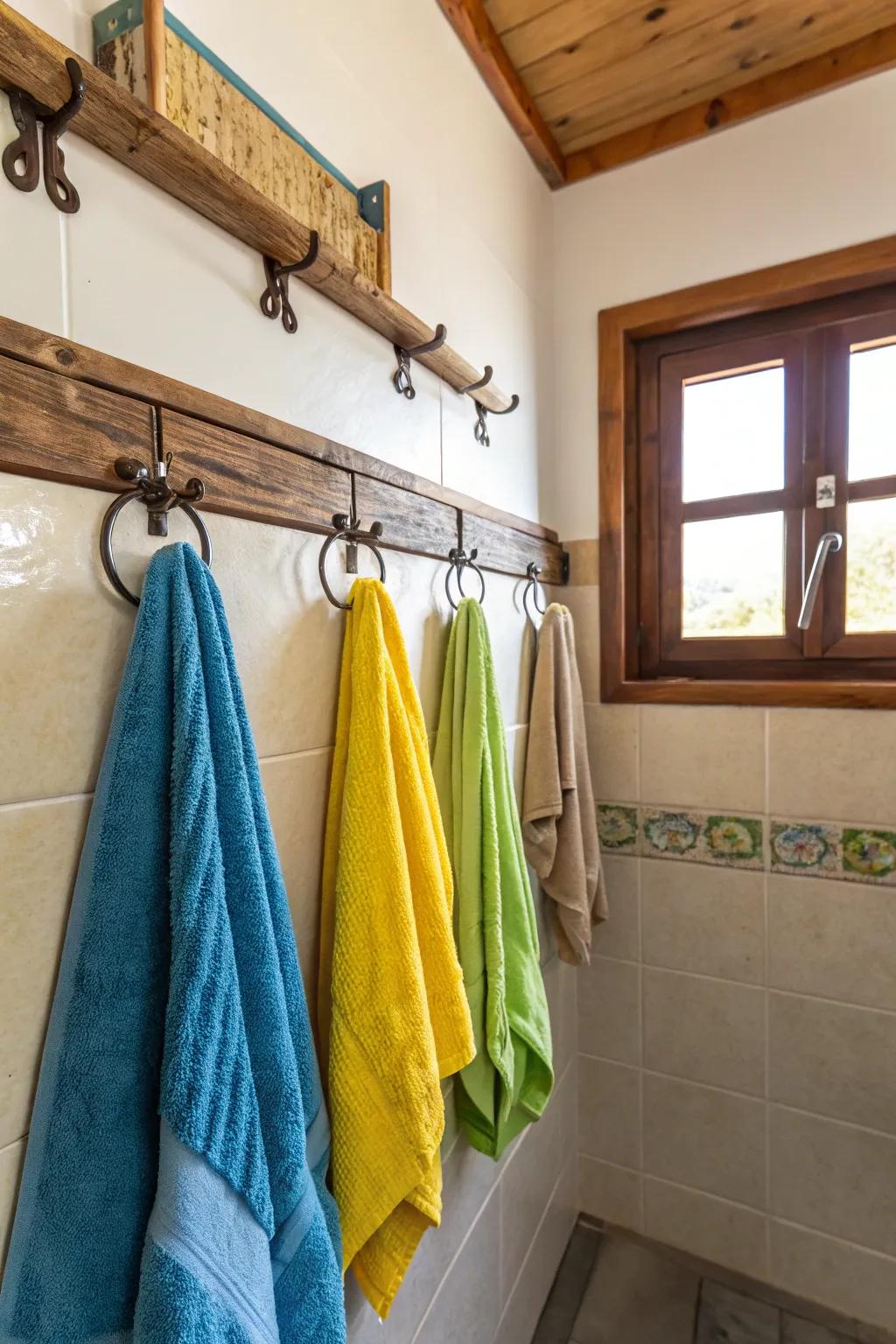 Wall-mounted hooks present a stylish and functional option for towel storage.