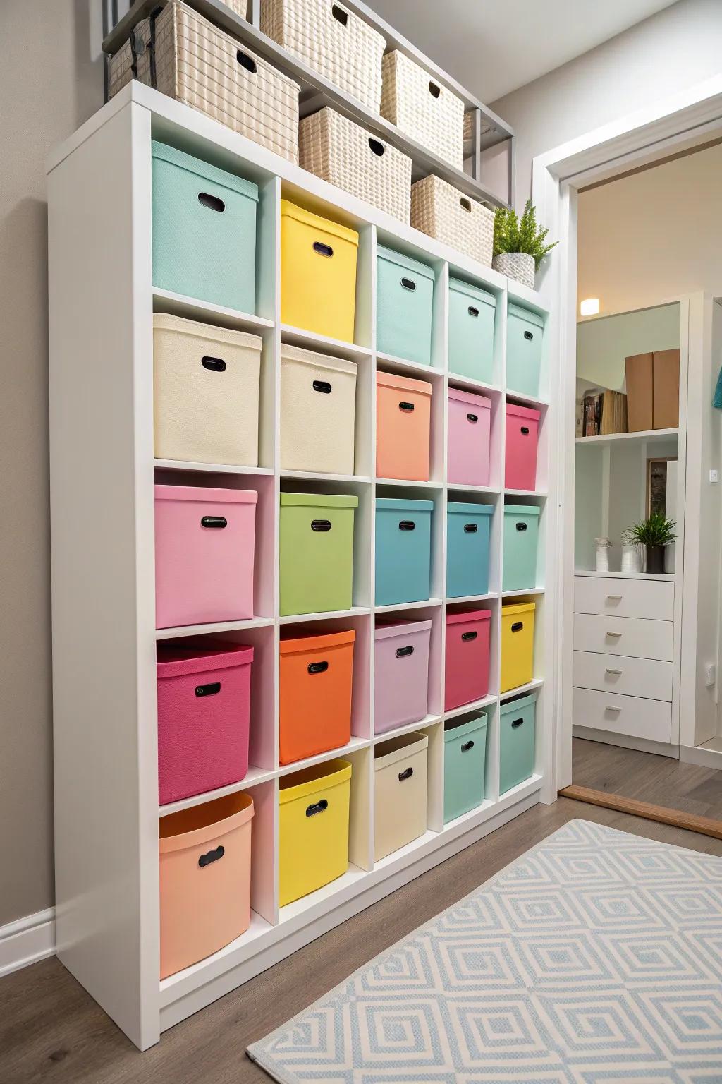 Shelf organizer setups with containers are ideally suited to confined spaces.