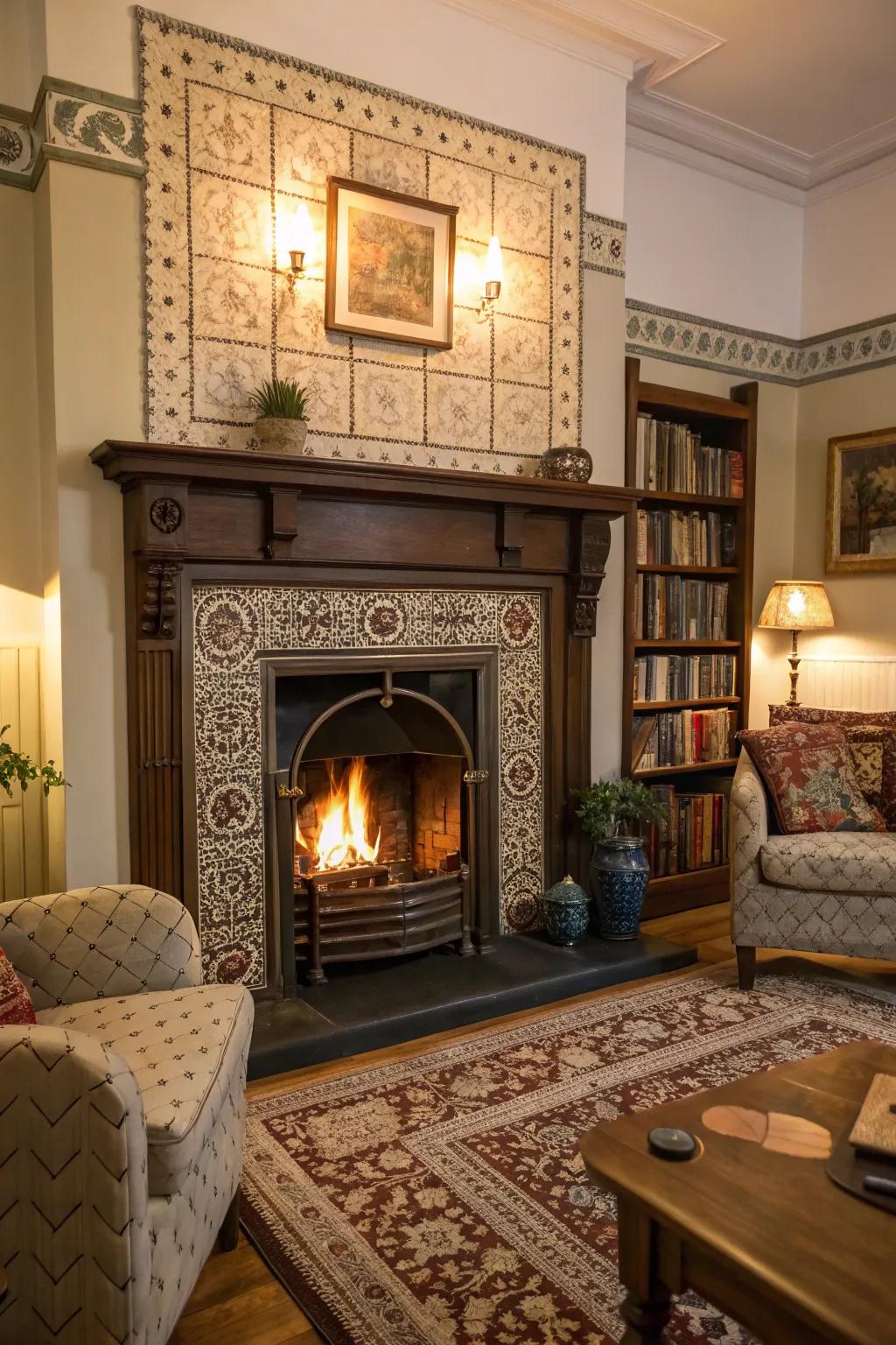 A traditional fireplace elevated with beautiful stoneware tiles.