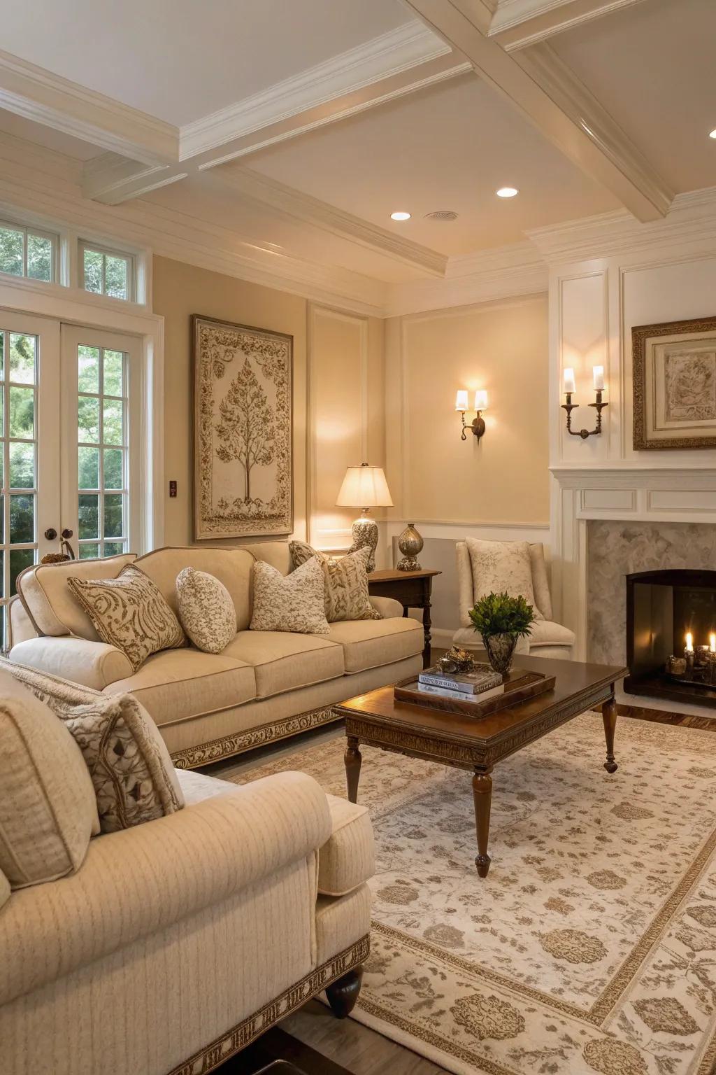 A tranquil traditional living space showcasing a neutral color scheme.