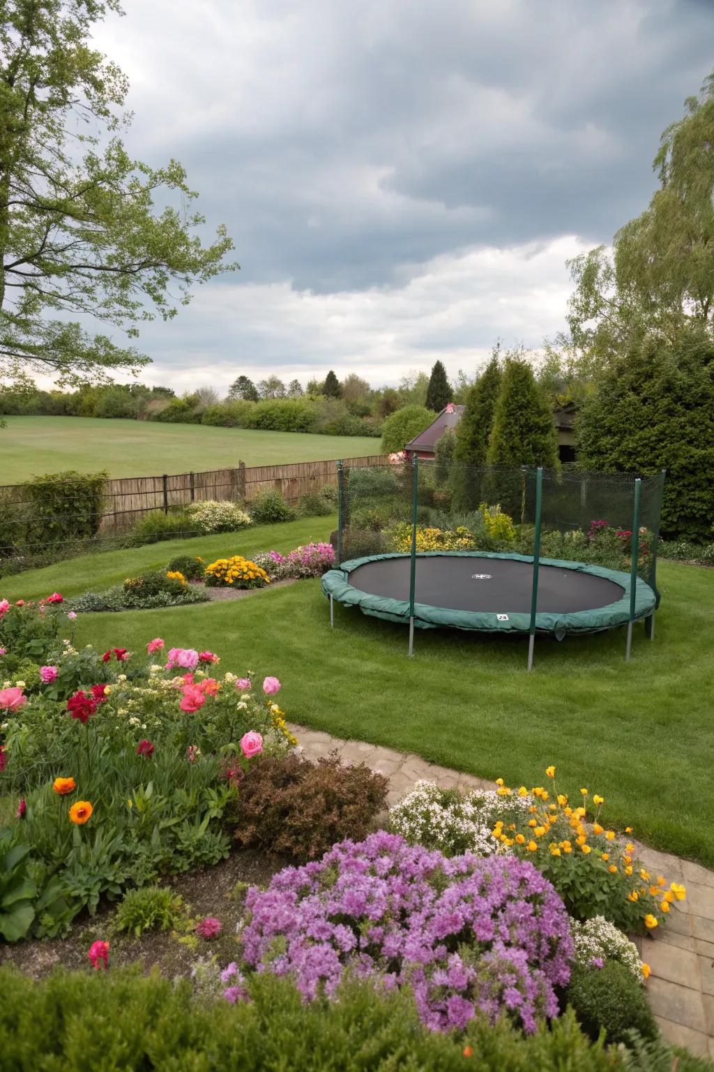 A sunken bouncer perfectly incorporated into the garden scenery.