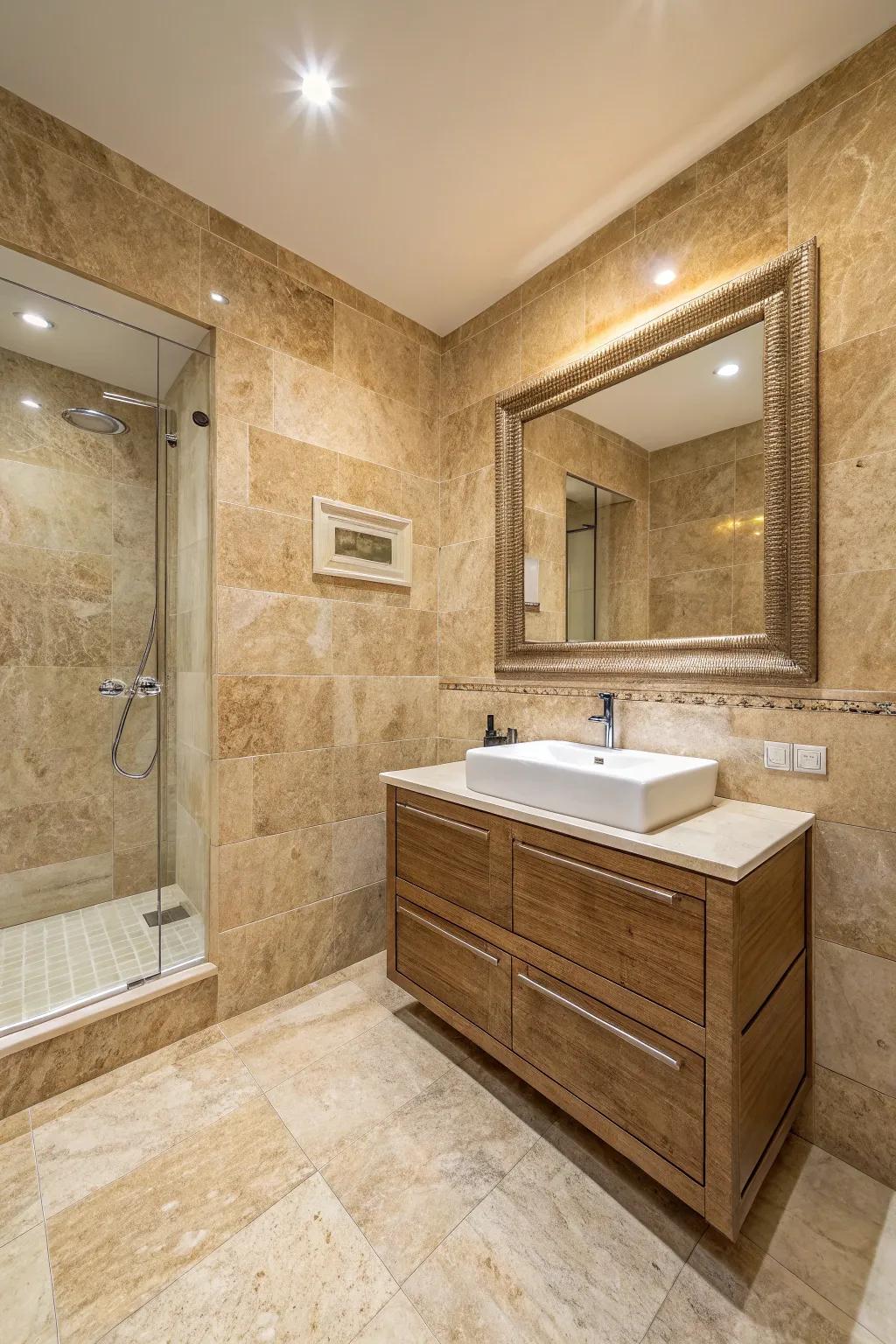 A bathroom where travertine tiles grace every surface, creating a cohesive and sumptuous ambiance.