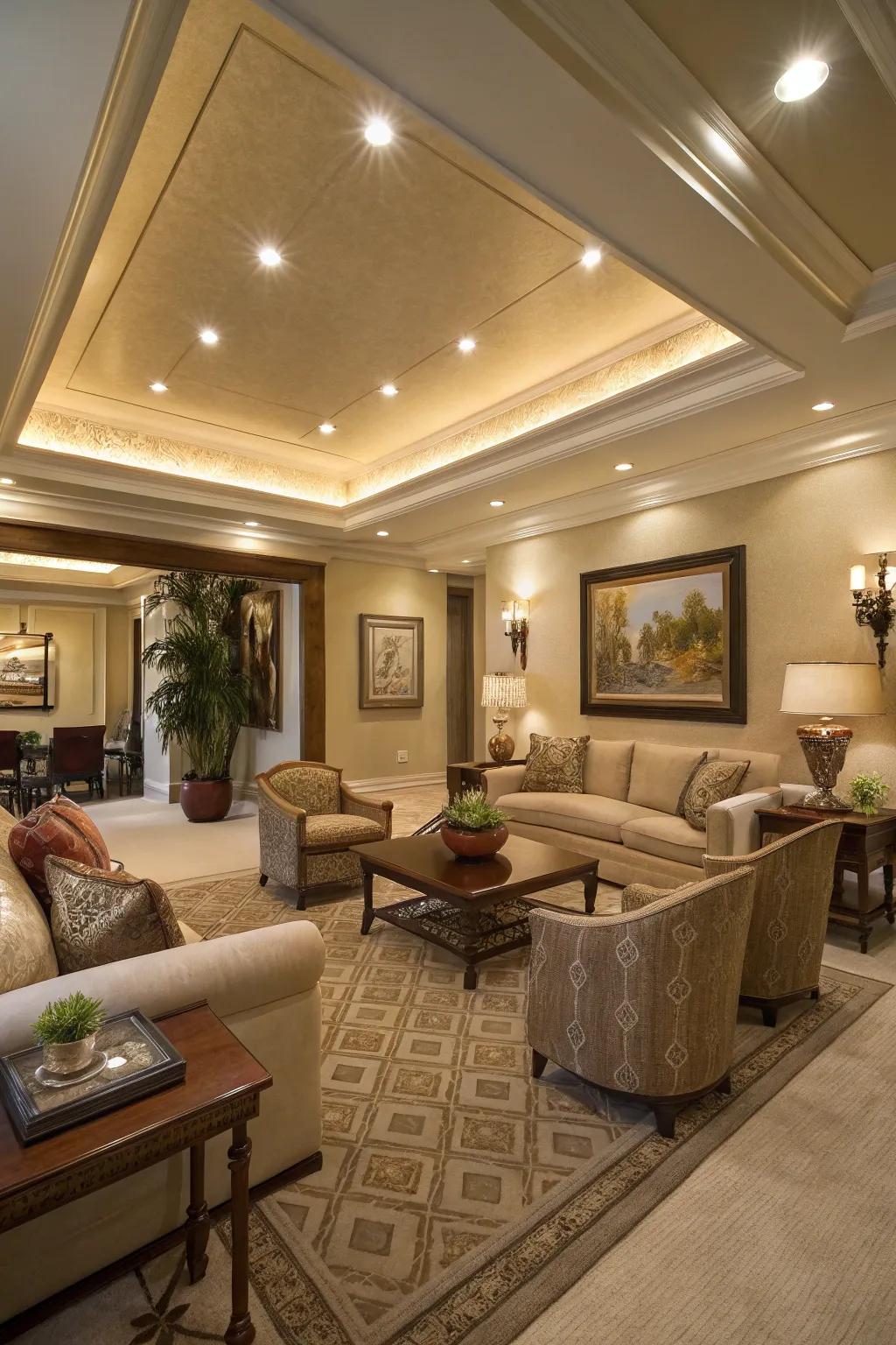 An elegant living room featuring a tray ceiling beautifully enhanced by recessed lighting.