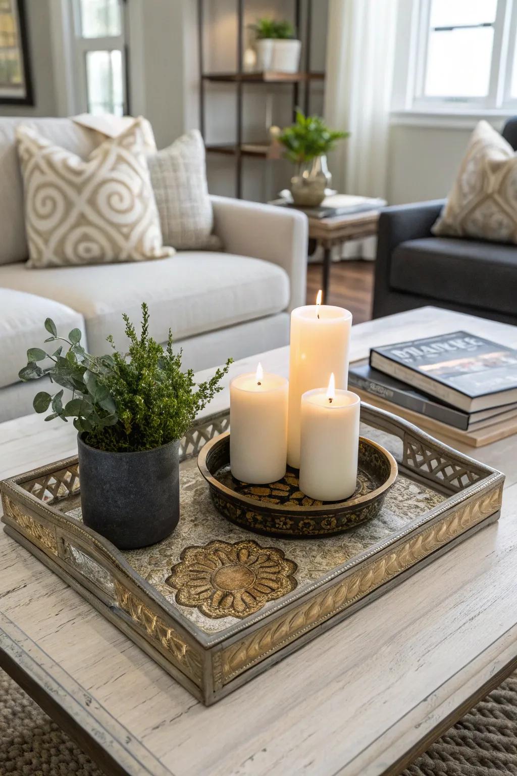 A contemporary living space featuring an elegant coffee table arrangement.