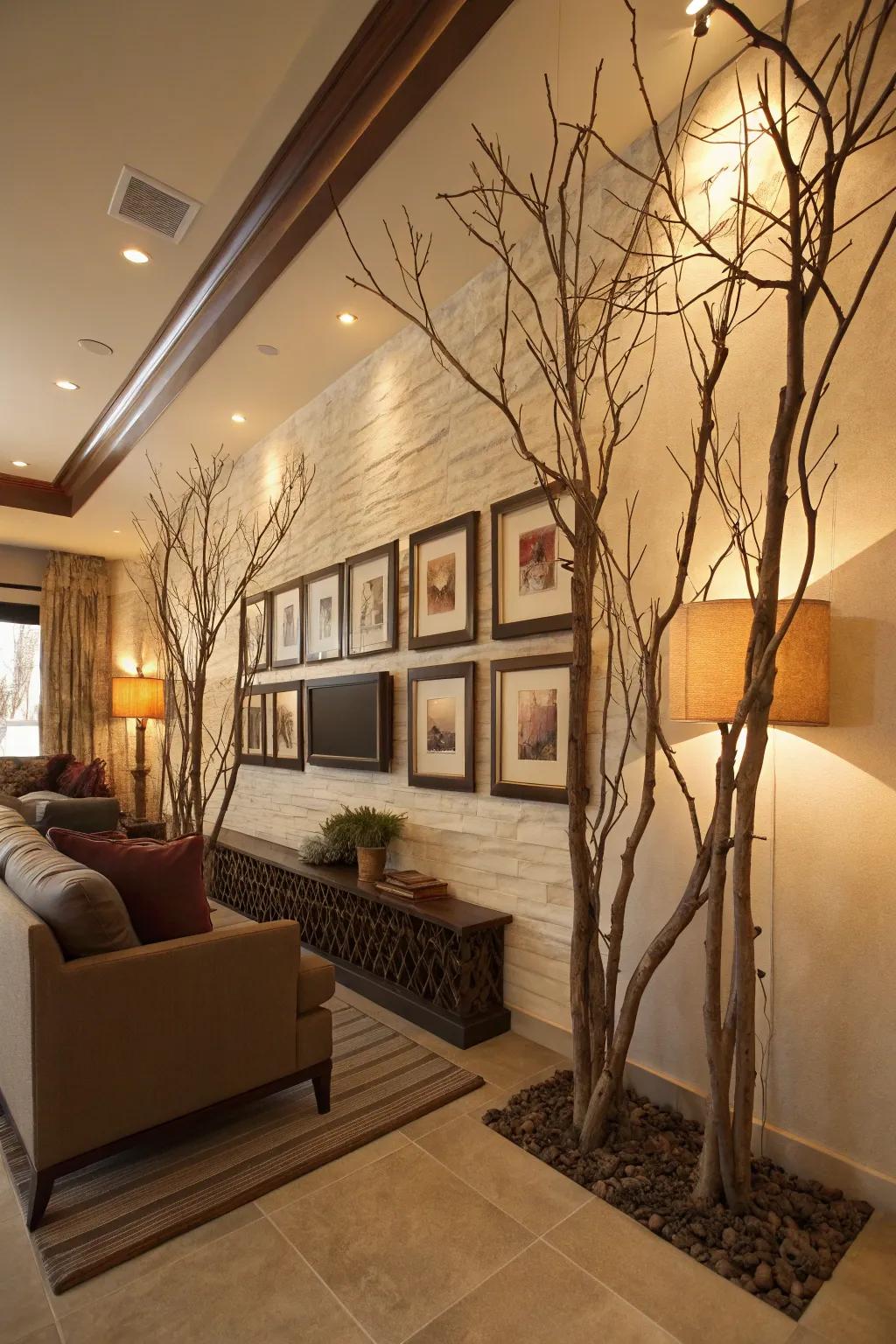 Creative wall decor framed by tree branches.