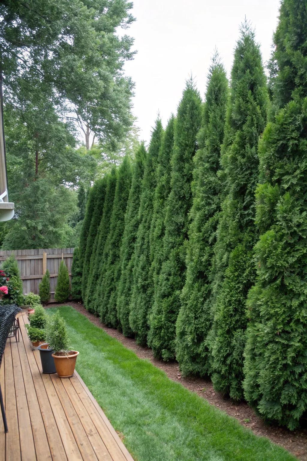 A dense wall of 'Green Giant' trees offering complete privacy.