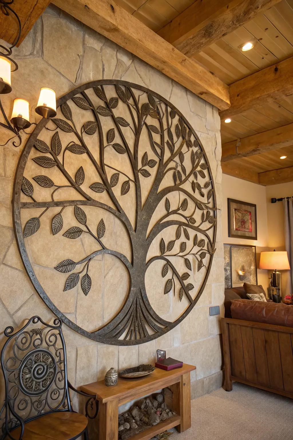 A detailed metallic Arbor Vitae wall decoration enhances a country-style family room.