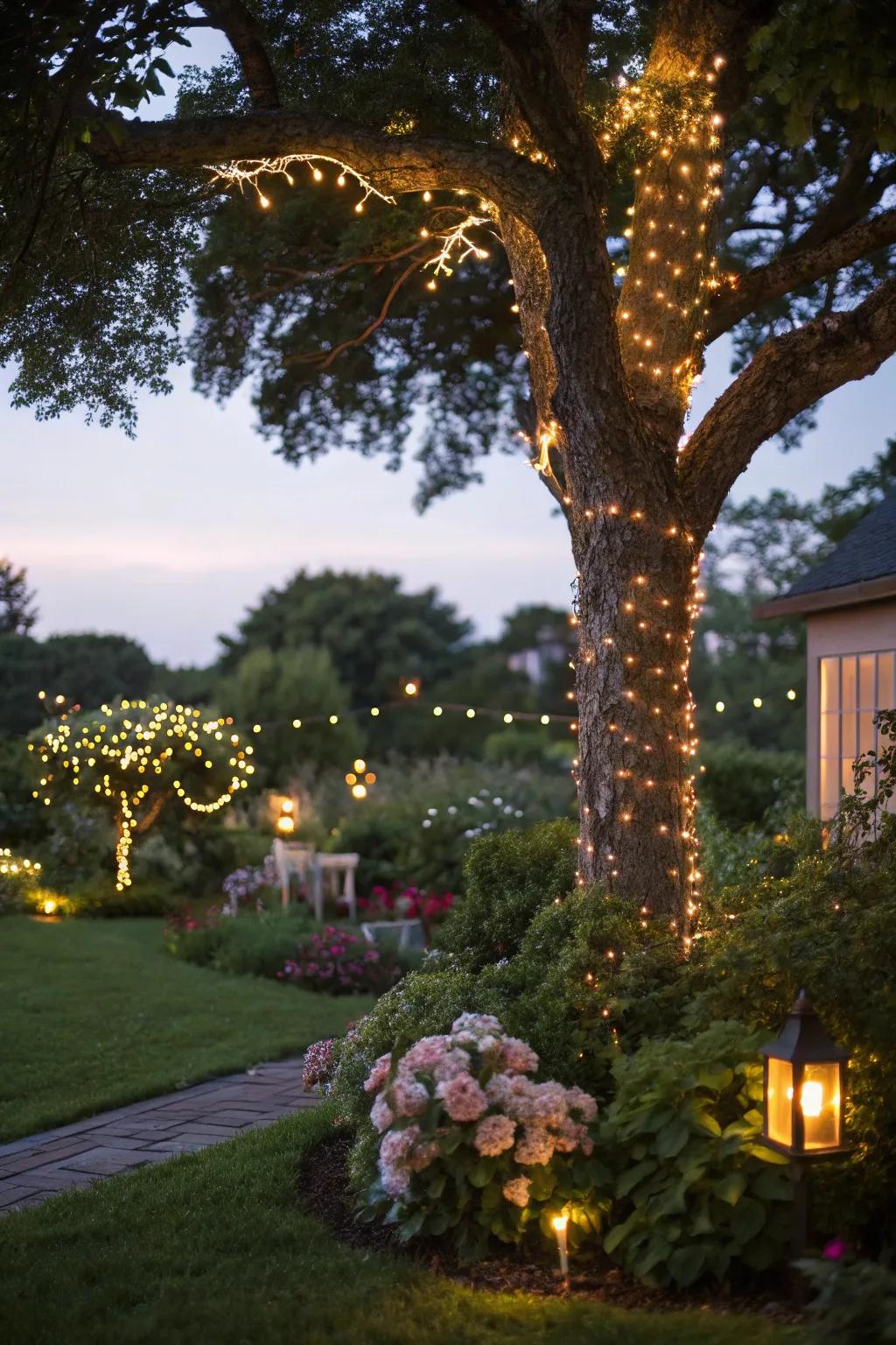 A tree ornamented with twinkle lights, crafting an enchanting garden escape.