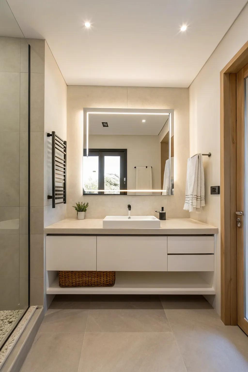 A minimalist bathroom featuring a wall-mounted vanity for a streamlined, modern appeal.