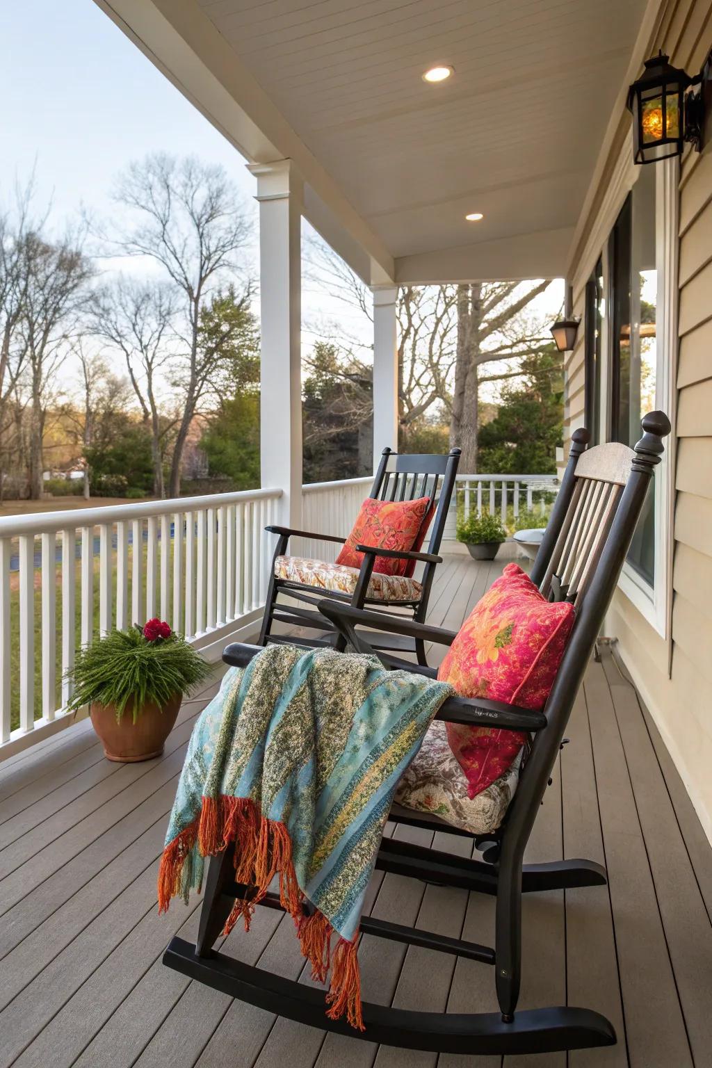 Fashion a snug seating space with gliding chairs and lively cushions.