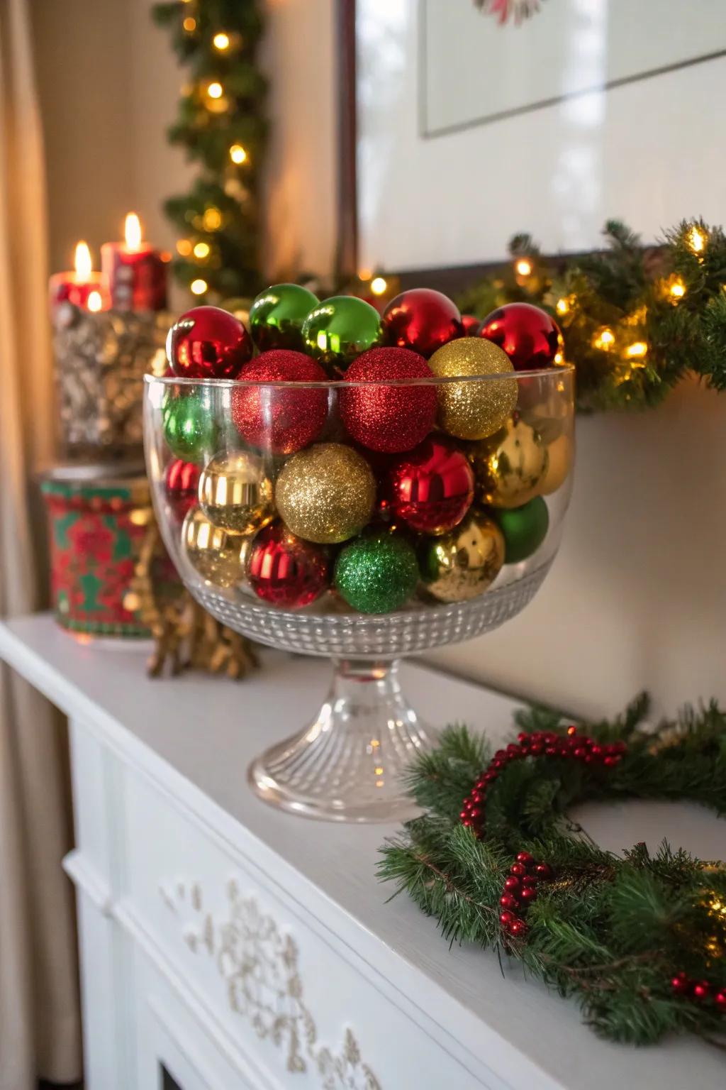 A dessert bowl radiates festive joy with its brilliant array of ornaments.