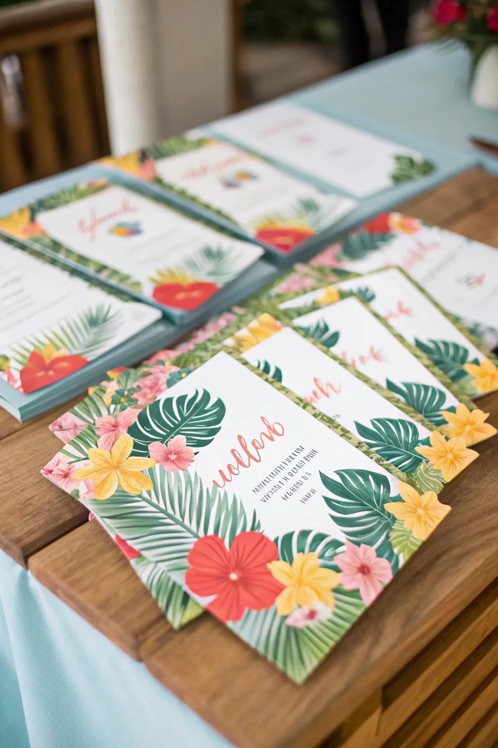 Establish the scene with striking tropical invitations.