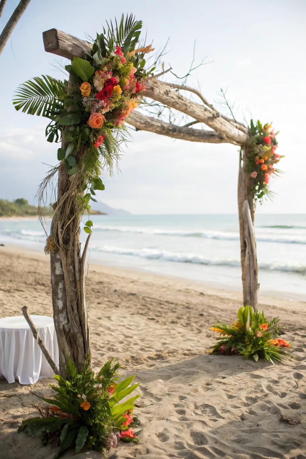 A stunningly natural seaside wood wedding arch decorated with tropical florals.