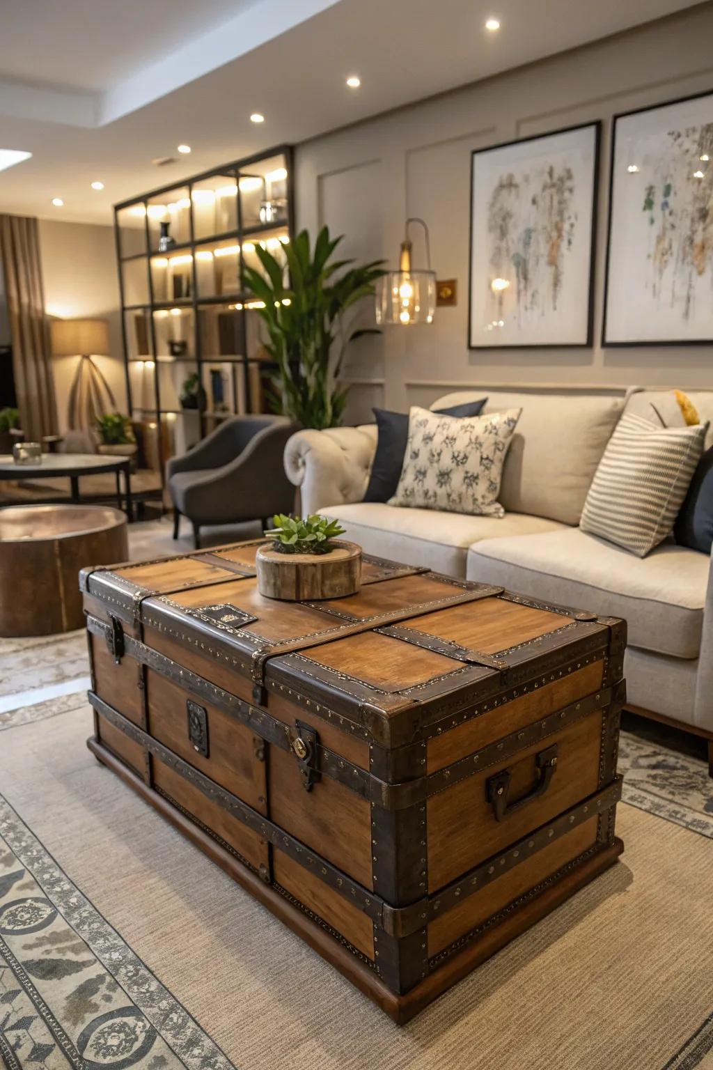 A gracefully aged trunk serves beautifully as a coffee table, enriching the living area with character.