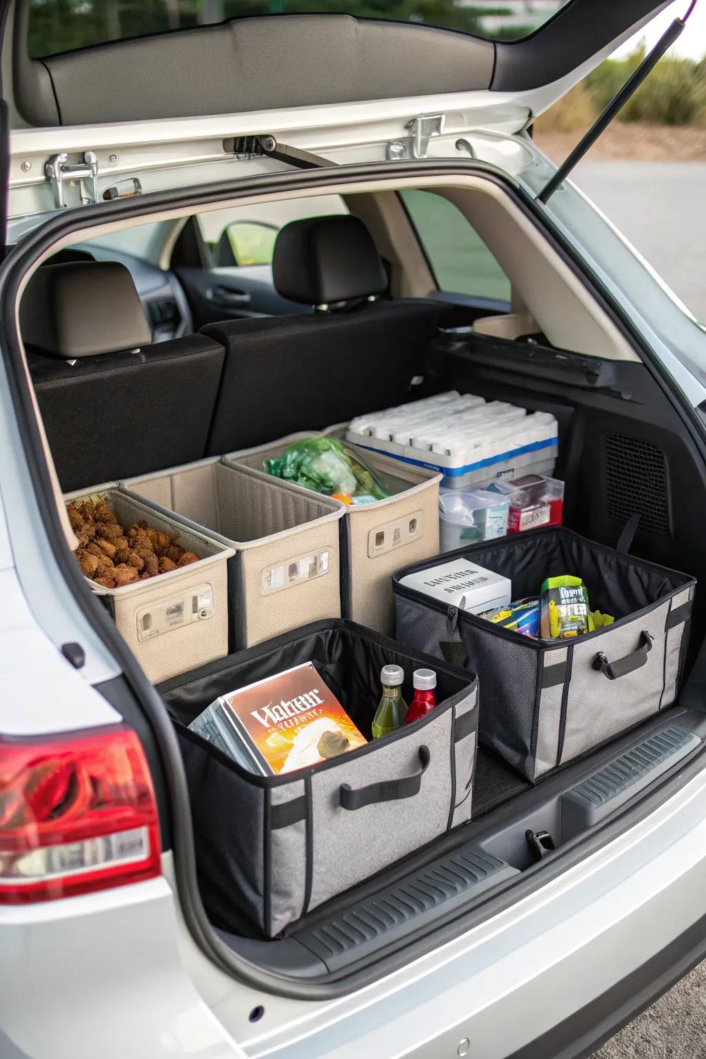 Foldable bins are used to neatly arrange groceries and other goods in the trunk.