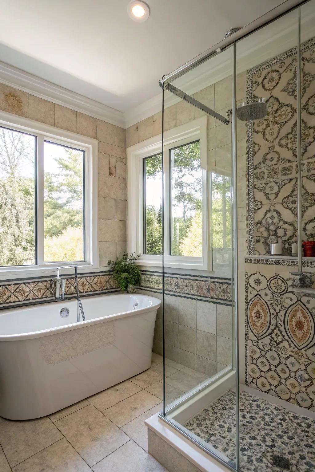A stylish glass enclosure elegantly encompasses the tub and shower, brightening the space with sunlight.