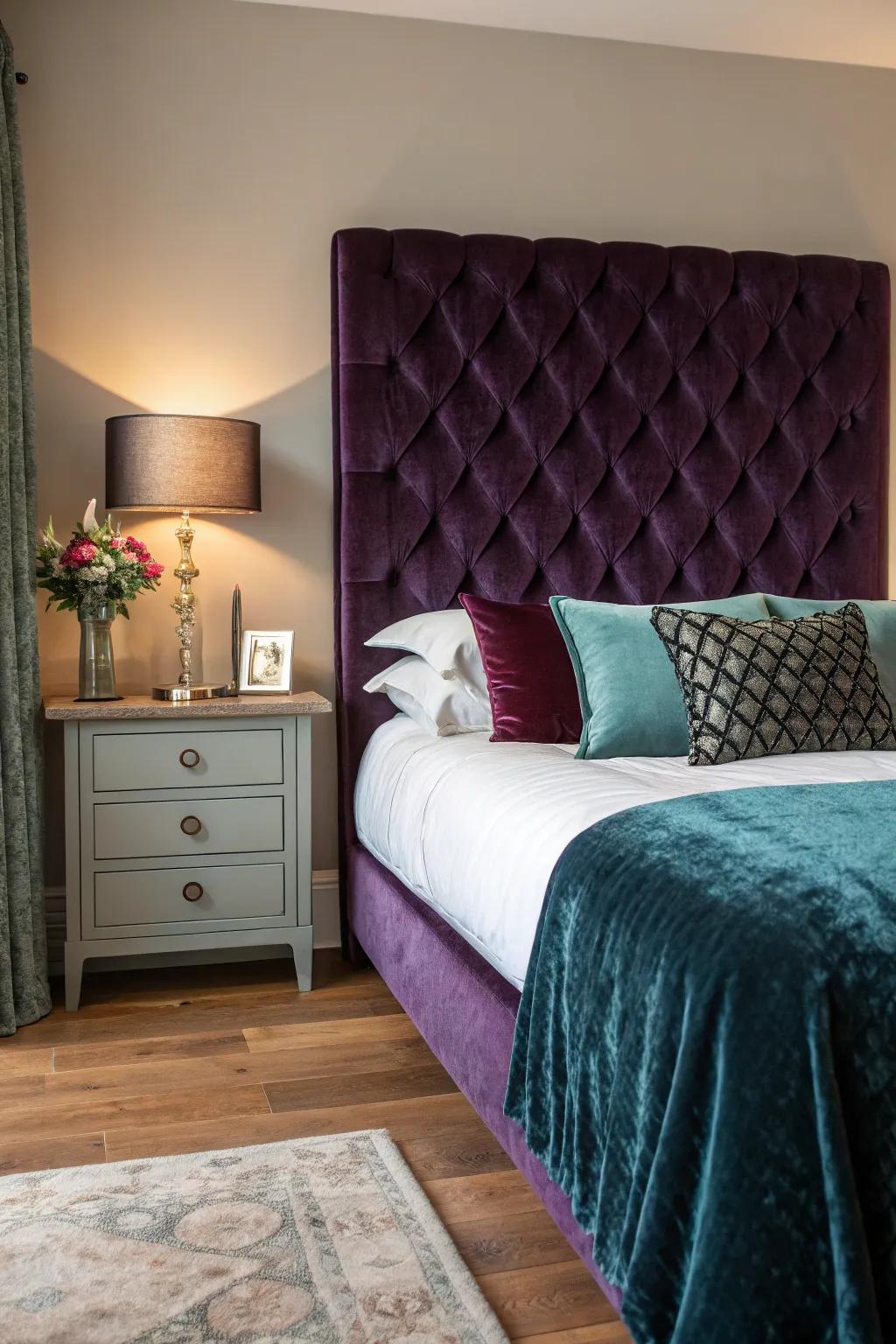 An exquisite velvet tufted headboard graces a contemporary bedroom design.