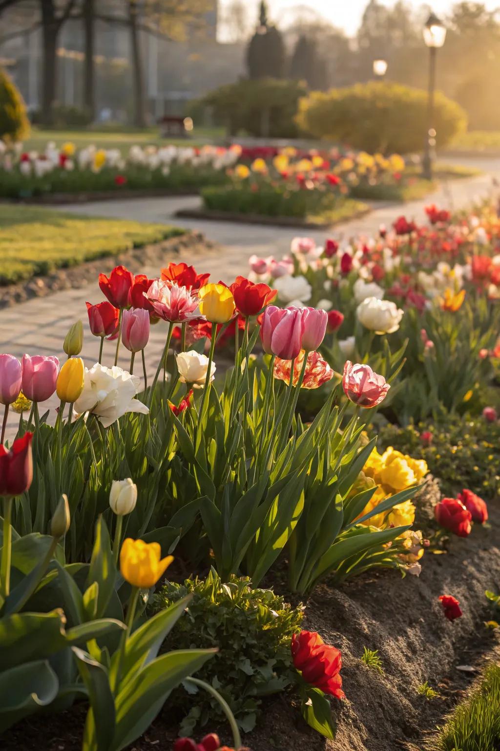 A lively tulip bed showcasing a mix of colors, adding charm and vibrancy to the garden.