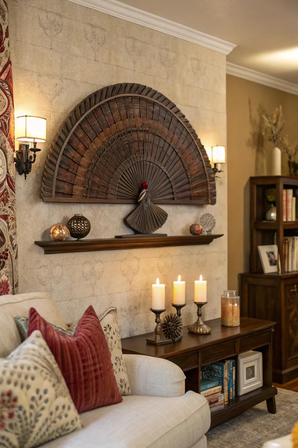 A turkey fan displayed gracefully on a timeless wood display.