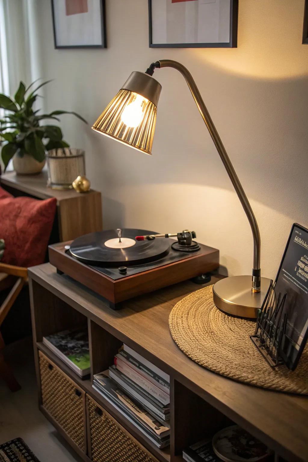 A flexible arm lamp focusing light on a record player.