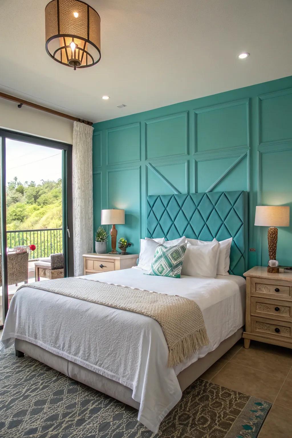 A turquoise accent wall introduces a lively element to this serene bedroom.