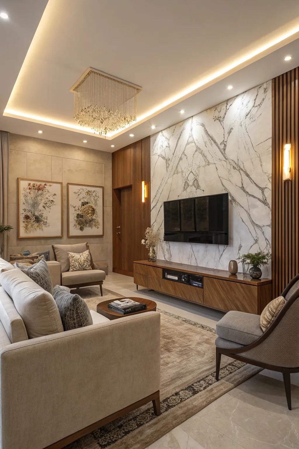 An exquisite TV feature wall showcasing the seamless union of marble and wooden battens, set within a snug and inviting living space.