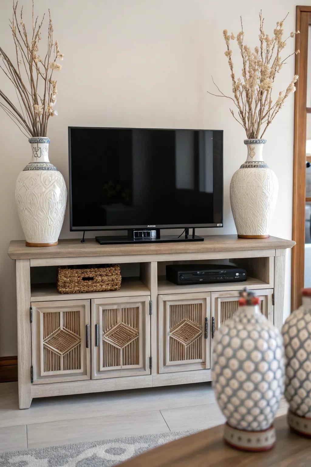 Balanced design featuring symmetrical vases on a media console.