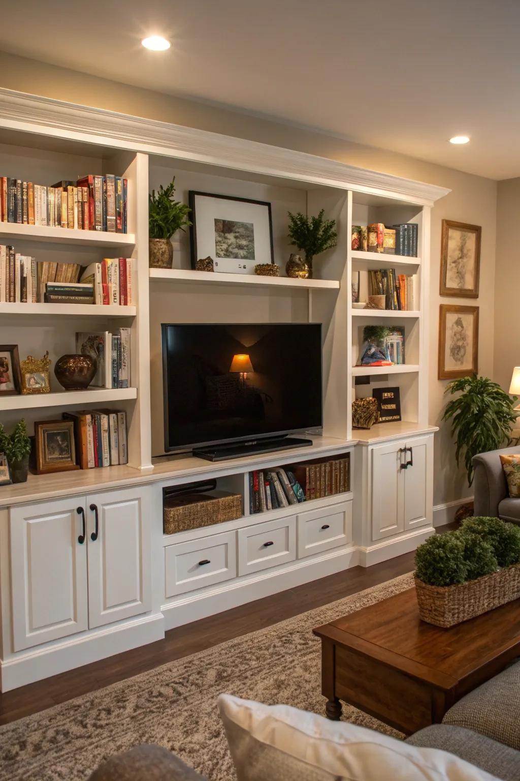 A welcoming living room featuring a TV harmoniously integrated with built-in shelving.