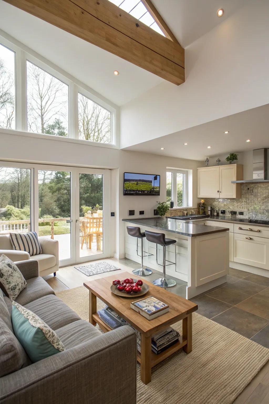 A kitchen with an open plan, featuring a TV visible from both the cooking area and the lounge.