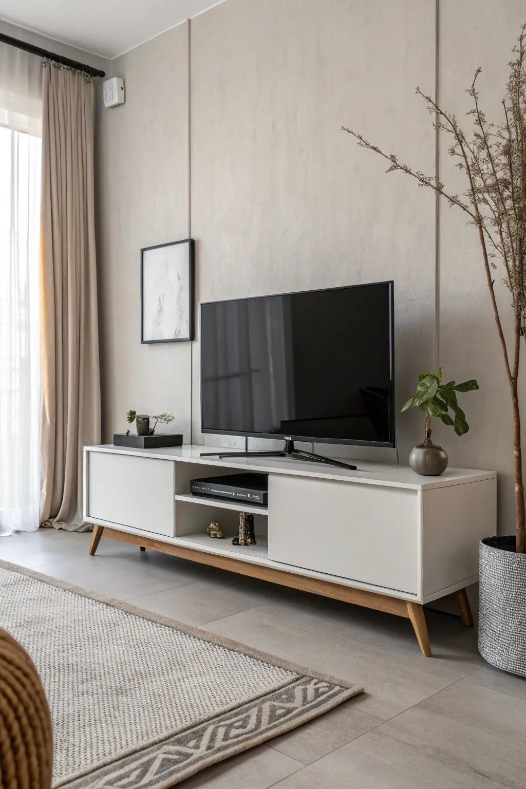 Minimalist TV stand décor featuring sleek lines and a subdued palette.