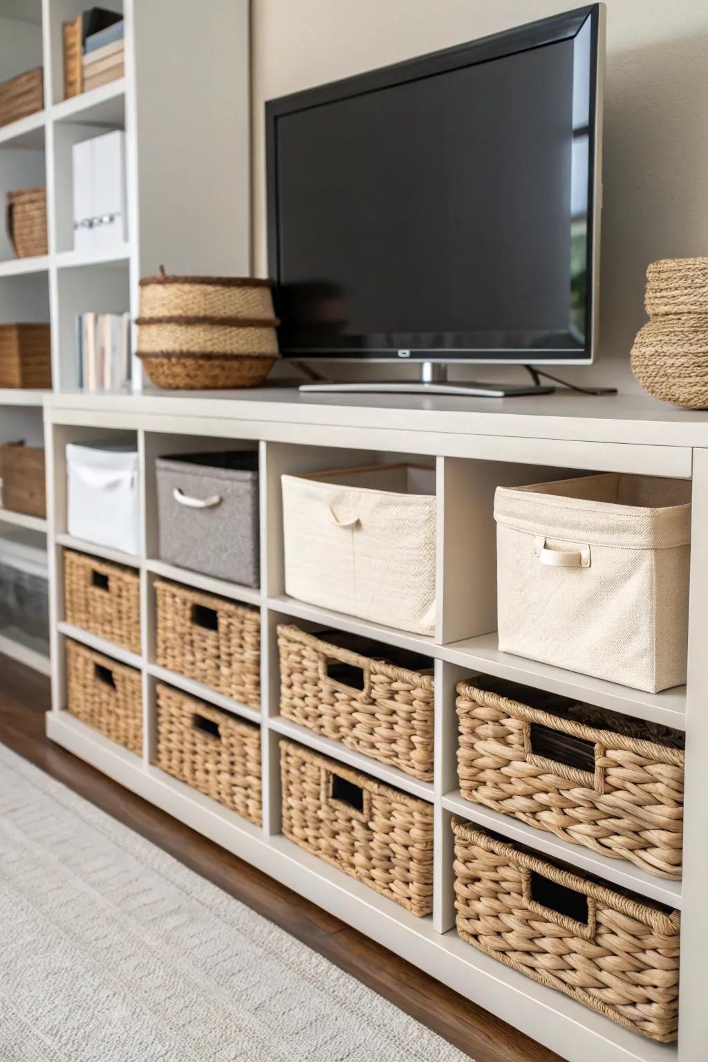 Woven baskets and containers give a sense of order to your media center.