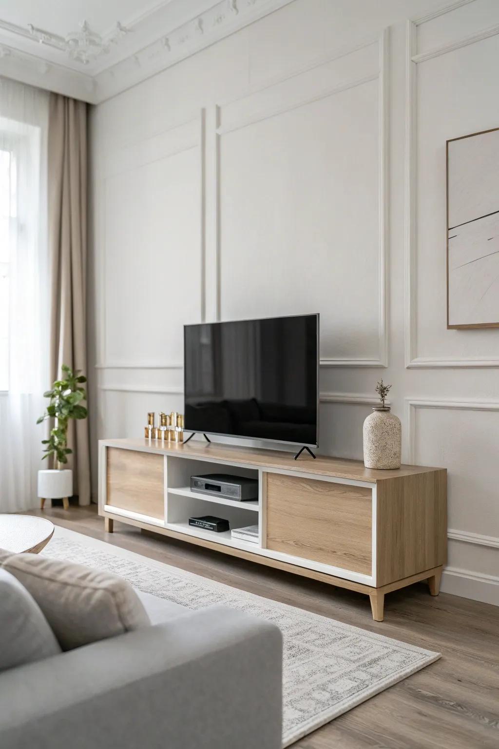 A minimalist TV stand is a perfect example of a modern living room.