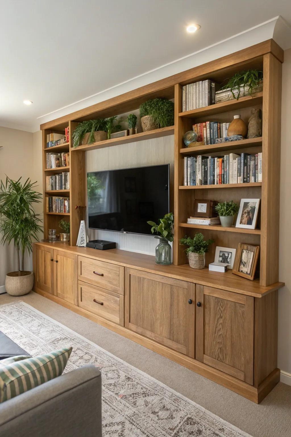Integrated shelving introduces sophistication and practicality to this entertainment wall.