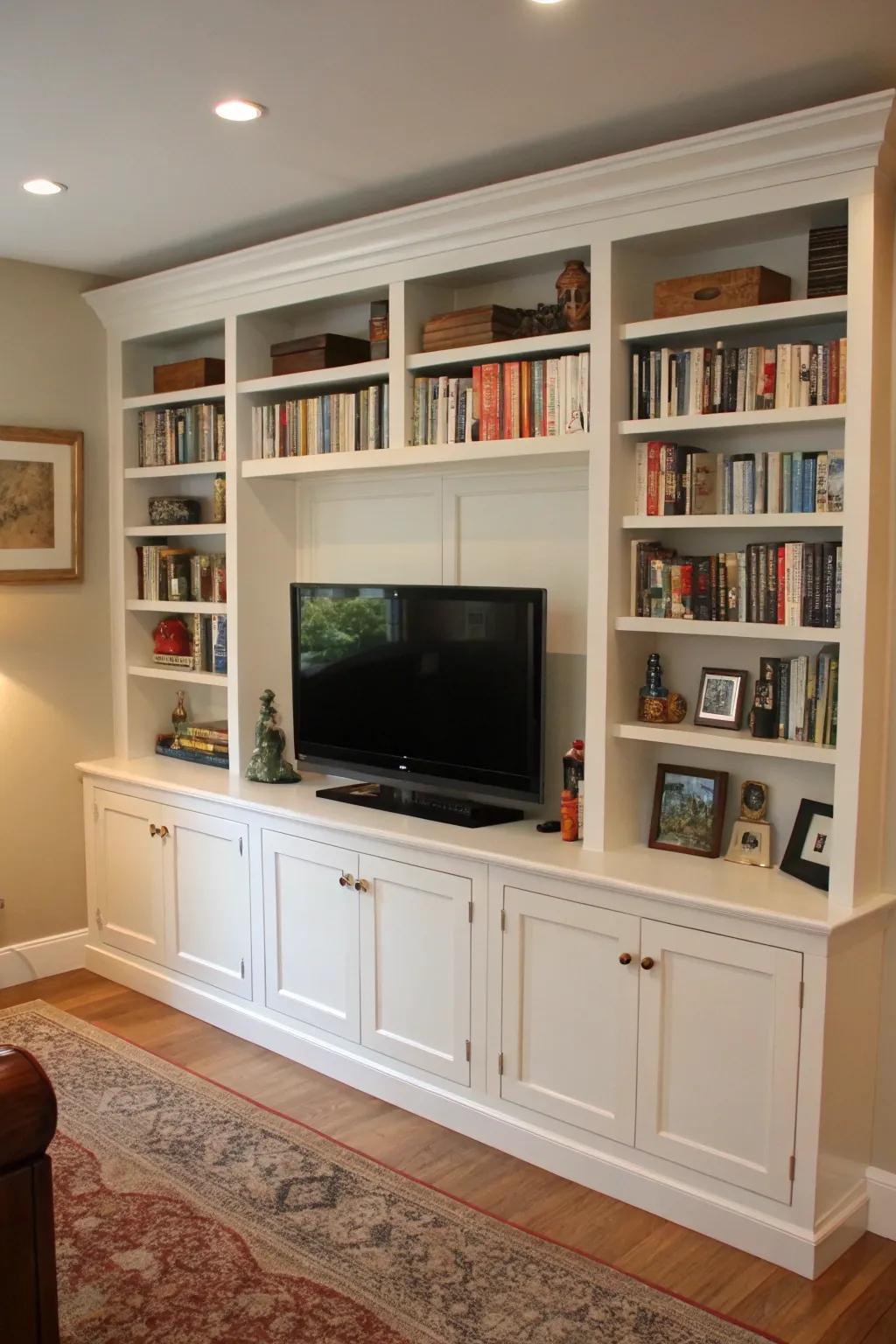 Custom built-in shelving provides an elegant, organized appearance.