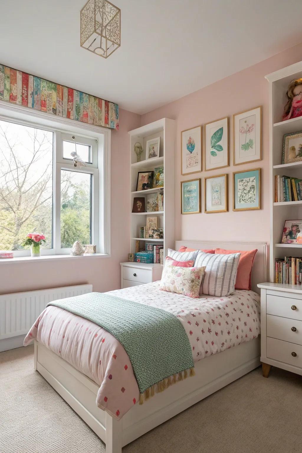 Pastels create a soothing yet vibrant atmosphere, perfect for a tween's transitional space.