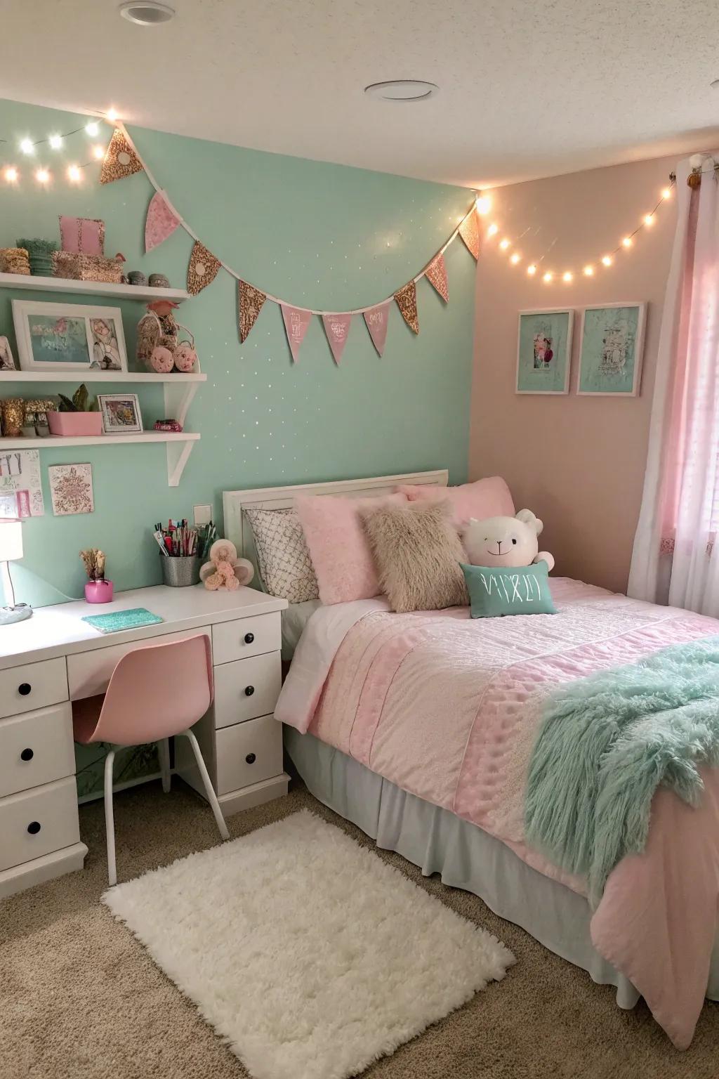 A serene pastel sanctuary adorned with seafoam green and rosy pink shades.